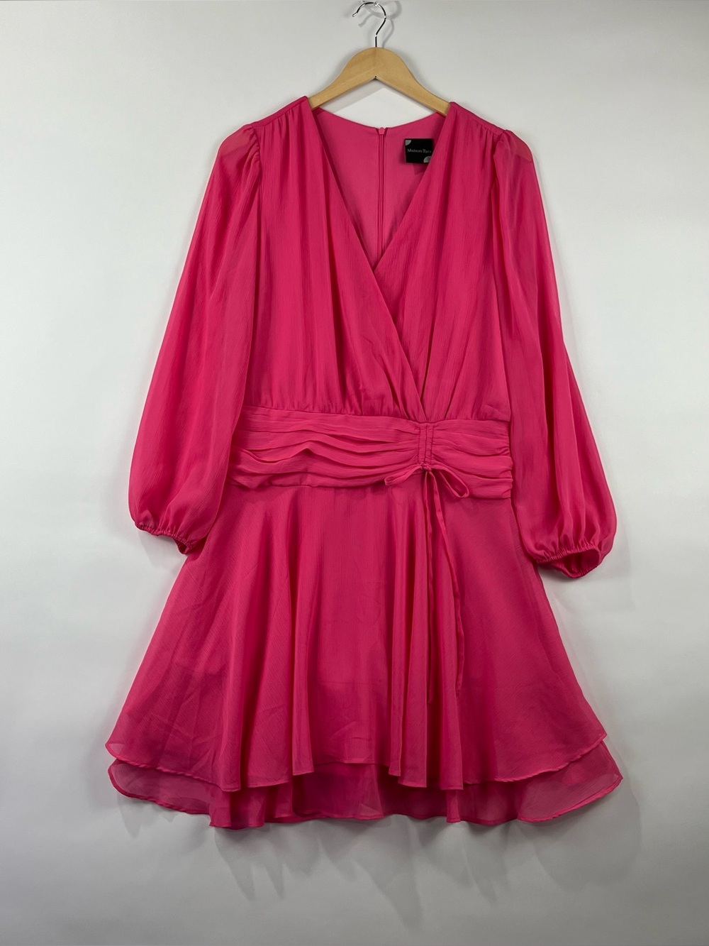 Maison Tara Wrap Dress Ruched Waist Tiered Ruffle Skirt Balloon Sleeve Size 12